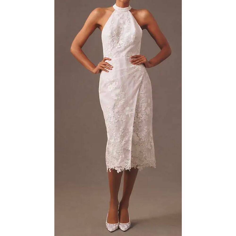 Anne Barge Blush Unforgettable Halter Embroidered Lace Midi Dress Sz Small
